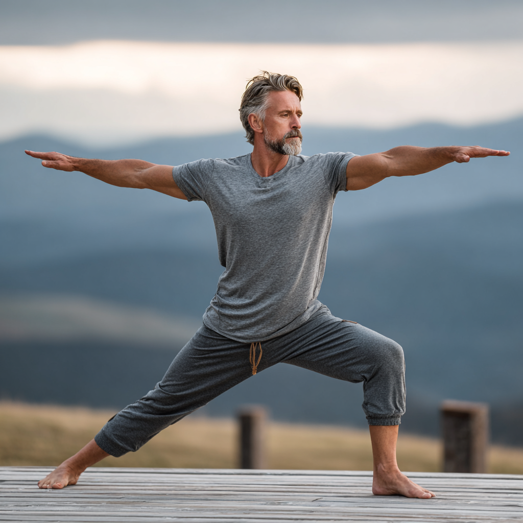 Mature man in his early fifties demonstrating perfect warrior yoga pose on a wooden deck overlooking mountains, wearing comfortable gray athletic wear, showcasing strength and balance with focused concentration and proper alignment